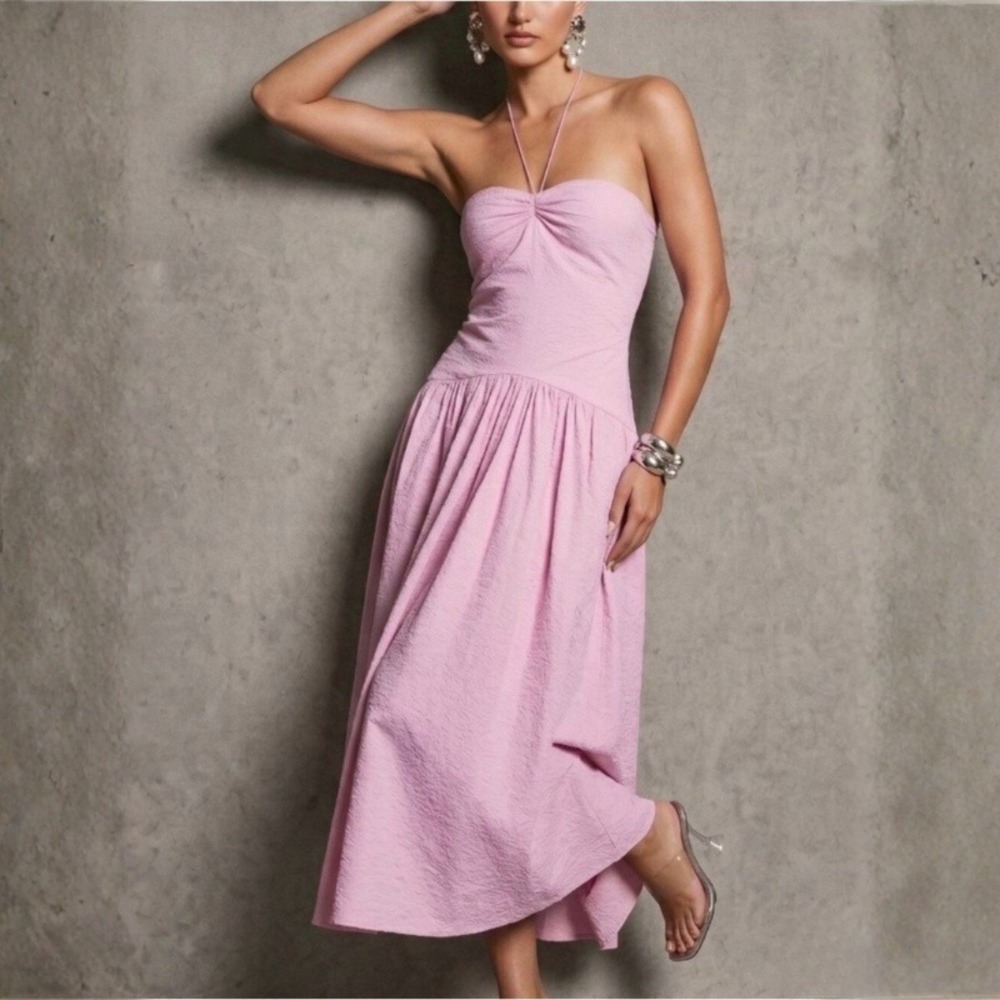 Vince Ruched Sweetheart Halter Midi Dress Drop Waist Sz Large Orchid Purple NEW